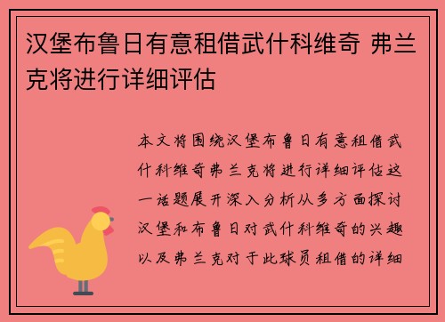 汉堡布鲁日有意租借武什科维奇 弗兰克将进行详细评估
