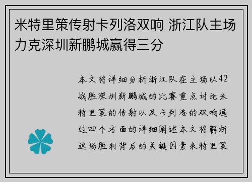 米特里策传射卡列洛双响 浙江队主场力克深圳新鹏城赢得三分